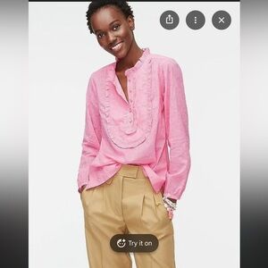 NWT: J.Crew Bright Pink Eyelet Ruffle Blouse Feminine Medium Long Sleeve Cotton